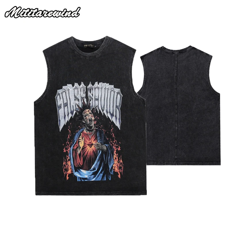 Men's Tank Tops Summer O-Neck Loose Sports Sleeveless High Street Y2k Clothing Hip Hop Streetwear Casual Print Dark Vibe Washed