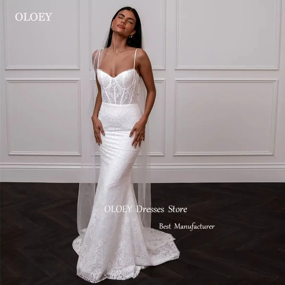 

OLOEY Gorgeous Mermaid Wedding Dresses Spaghetti Straps Court Train Lace Bridal Gown Sexy vestidos de novia Backless Custom Made