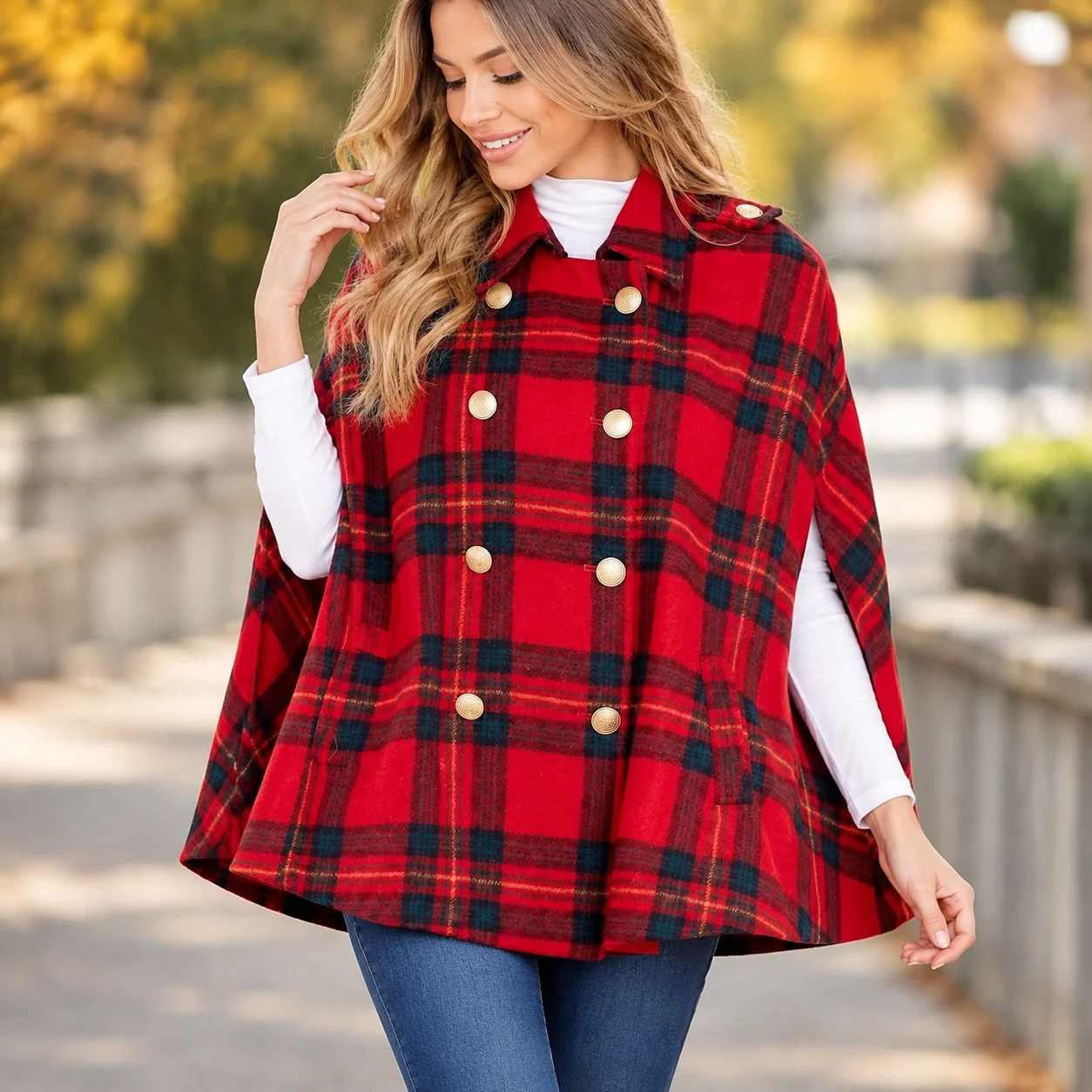 Plaid Check Pattern Cape with Patchwork V Neck Long Sleeve Regular Fit Medium Weight Japanese Korean Casual Women Jacket