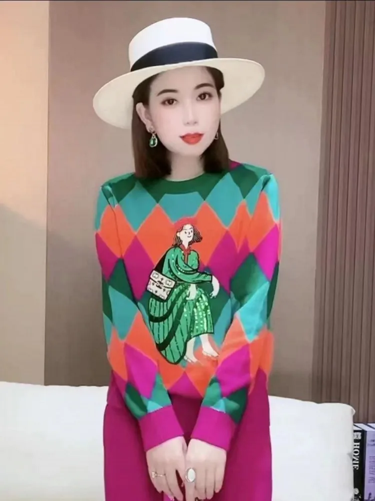 الفرنسية التطريز الترتر متماسكة البلوز سترة ملابس حريمي موضة كم طويل تريكو القمم البلوز