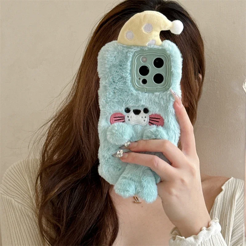 Plush Hair Rabbit Fluff Toy Soft Back Cover For iPhone 16 15 14 13 Pro Max 14 Plus 15 Plus Warm Cute Cartoon Stand Phone Case