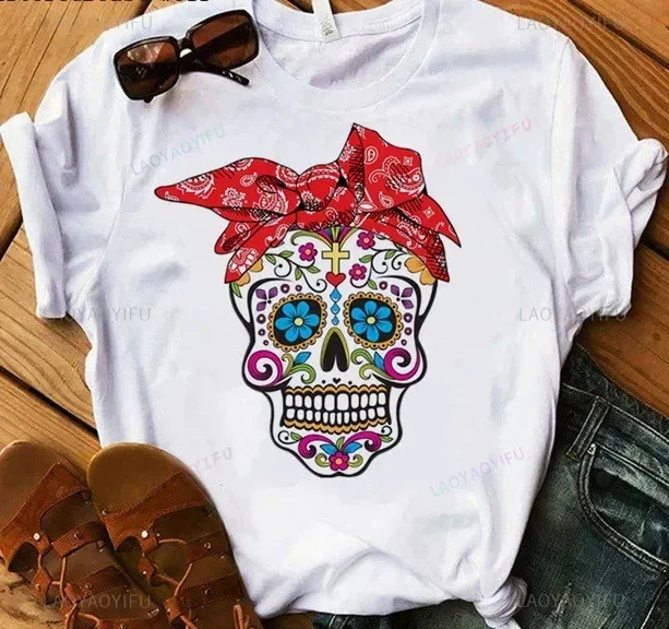 With Scarf Colorful Skull Head Print T Shirt Women Short Sleeve O Neck Loose Tshirt Women Causal Tee Shirt Tops Camisetas Mujer