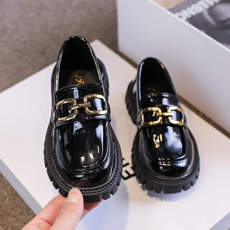 2025 for Children Platform Black Patent Leather Chain Fashion Boys Girls Flat Shoes Four Season Elegant 26-36 Kids Shoe