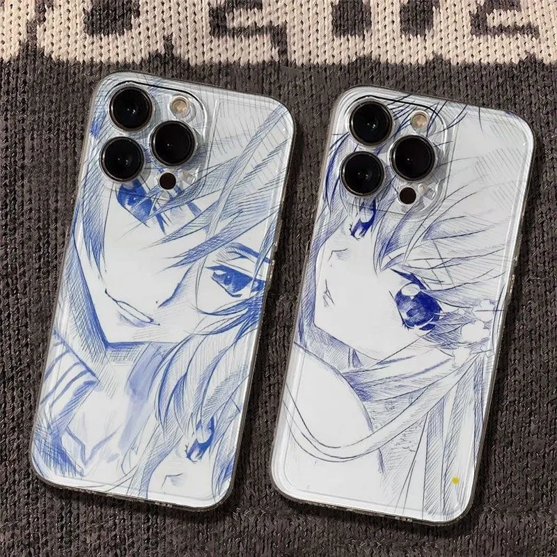 Blue Line Art Anime Girl Phone Case For Samsung S26 S25 S24 S23 S22 S21 S20 FE Note20 Note10 Plus Ultra Lite Edge 5G Clear Cover