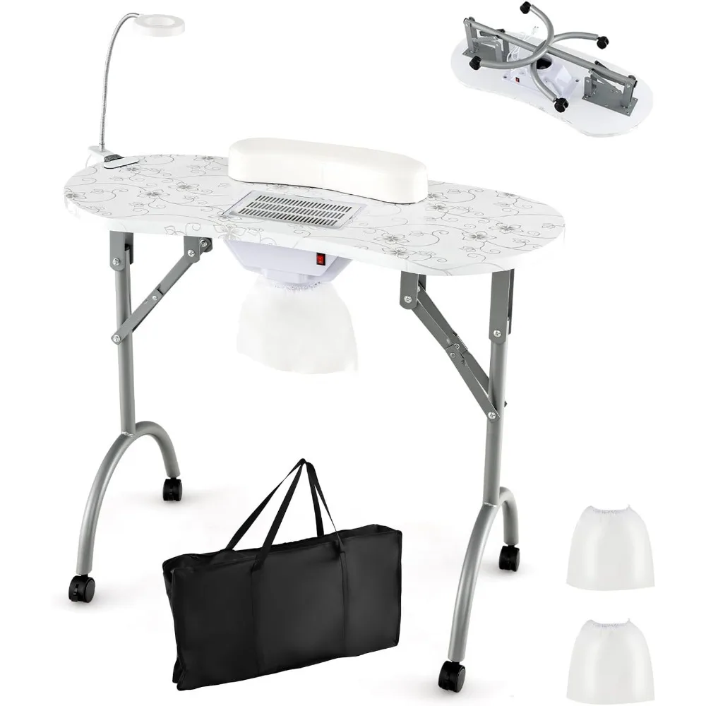 

Portable Nail Table, Foldable Nail Technician Desk W/Electric Dust Collector, Bendable LED Lamp, Removable Armrest Pad Carry Bag