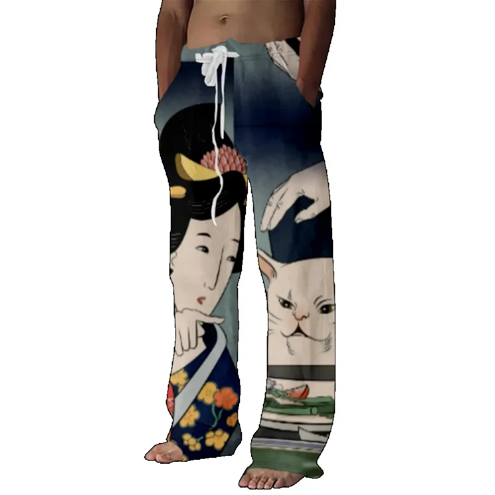 Estilo Ukiyoe Imprime Meme Calça Perna Larga, Harajuku Calça Casual, Calças Hipster, Streetwear Sweanants, Cultura do Japão Vestuário, Verão