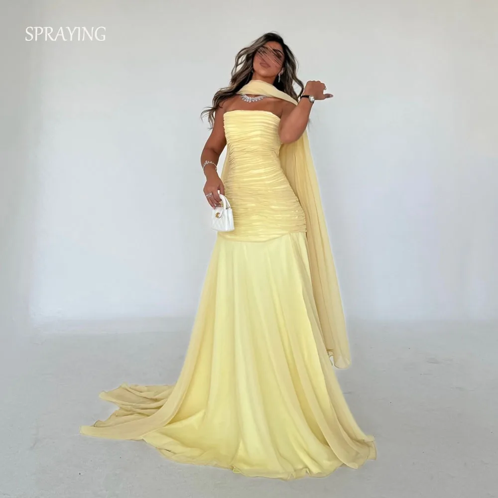 

SPRAYING Saudi Arabic Yellow Evening Gown Strapless Simple Elegant Prom Gown with Scarf Customized A Line Banquet Dinner Dresses