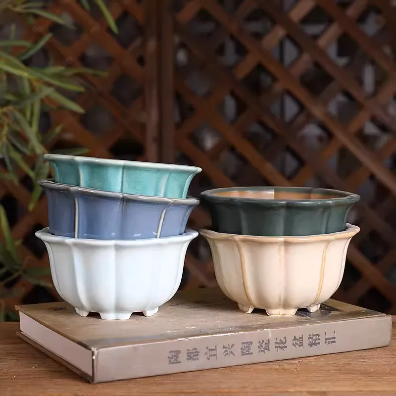 Colorful Glaze Flower Shape Bonsai Pot,Bowl Shape Vase,Flower Plant,Garden Decoration