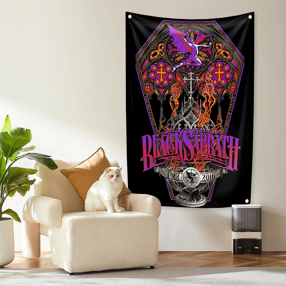 لافتة طباعة رقمية من البوليستر لفرقة الروك الثقيلة B-Black Sabbaths لتزيين نسيج داخلي خارجي لغرفة النوم