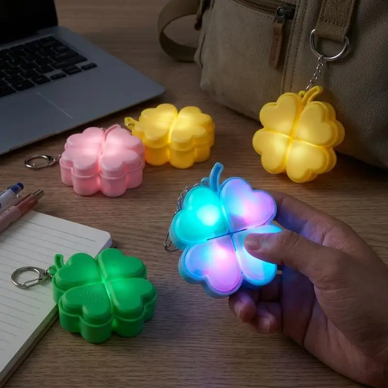 ADLucky Four-Leaf Clover LED Light Up Keychain Clickable Buttons Stress Relief Toy Backpack Pendant Party Gift For Kids Adults