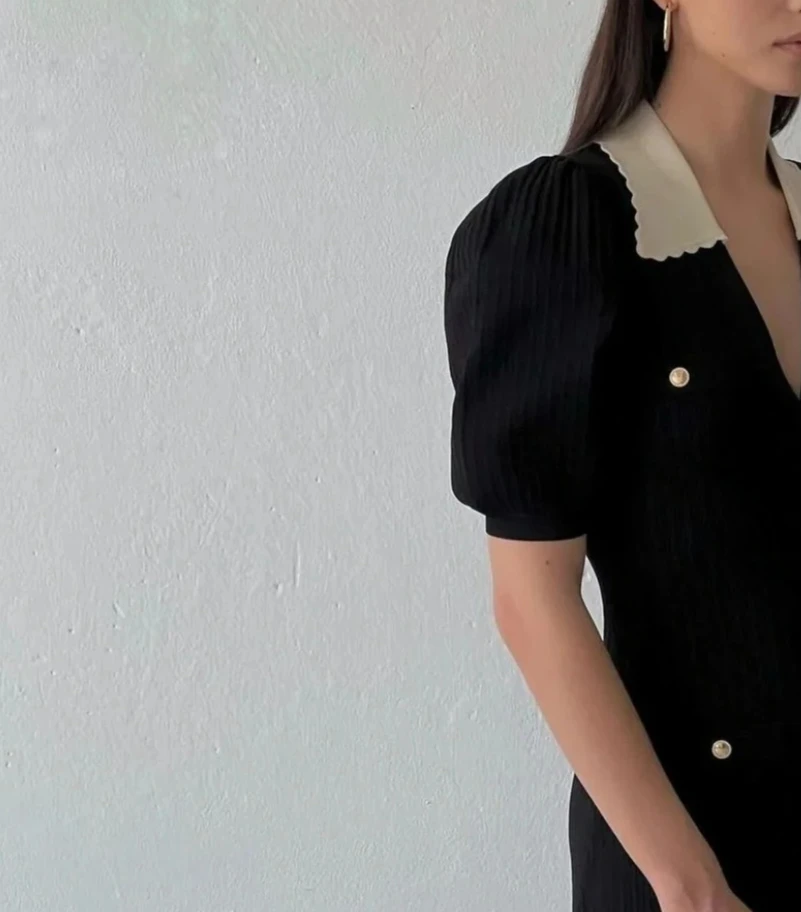 

Women black knit slim dress single breasted short sleeve lapel party evening dress midi robe