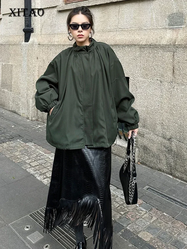 

XITAO Vintage Solid Color Loose Coat Female Bat Sleeve Patchwork O-neck Zipper Pocket Fashion All Match Casual Jacket ZYY1076