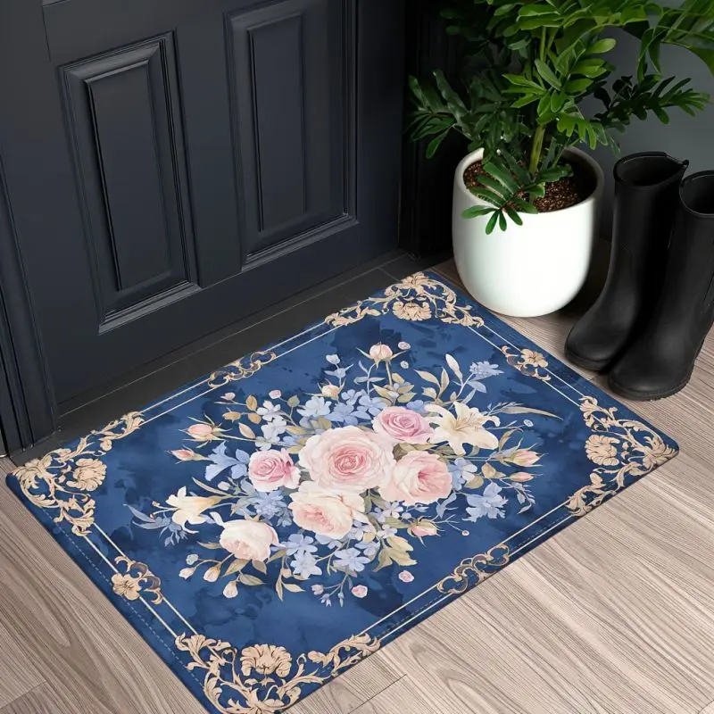 Luxurious Rose Print Welcome Doormat Non-Slip Machine Washable Carpet for Living Room Bedroom Bathroom Kitchen and Laundry Rug