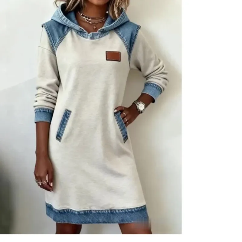 

Women Mid-length Hooded Long-sleeved Sweatshirt DressAutumn Winter Splicing Pocket Waist Dress