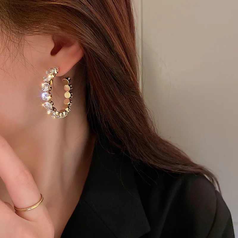 New Luxury High Quality Inlay CZ Hoop Earrings Round Green Zircon Crystal Earring for Women Engagement Party Statement Jewelry
