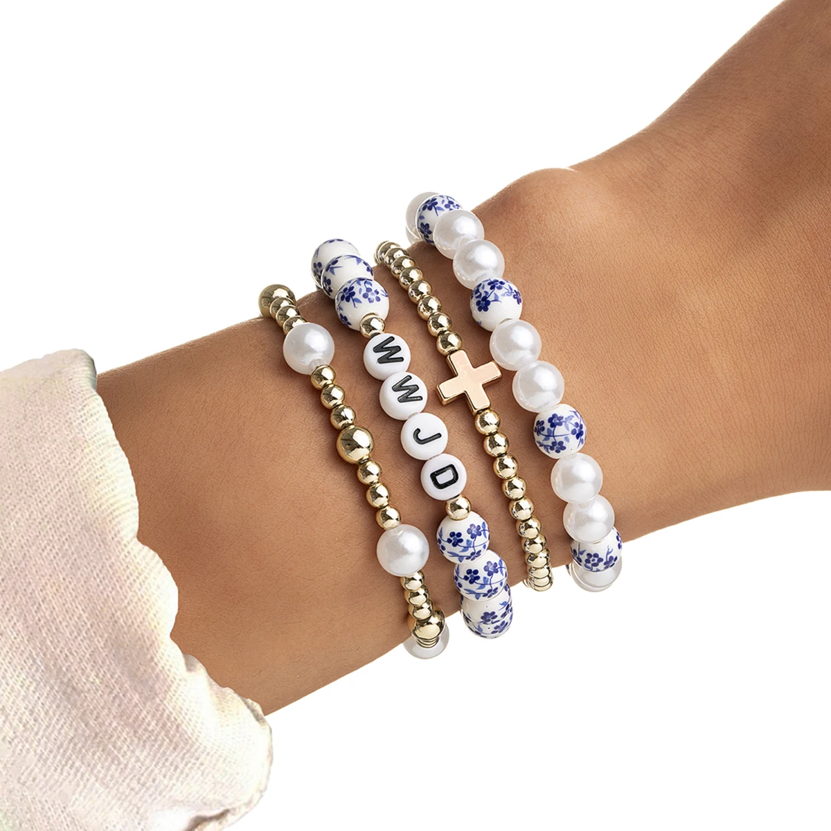 4 pieces of vintage ceramic printed beads mixed with letters WWJD bracelet, multiple layered imitation pearl cross bracelet