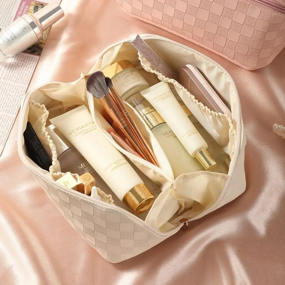 Multi-functional PU Leather Accordion Pillow Cosmetic Bag for Travel with Large Capacity and Portable Design