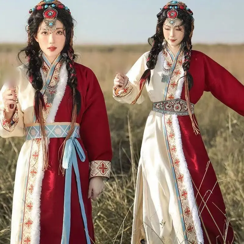 

UNMUN Minority Mongolian ClothingNational Style Han Elements Cross-collar Straight Train Tibetan Robe Performance Clothing