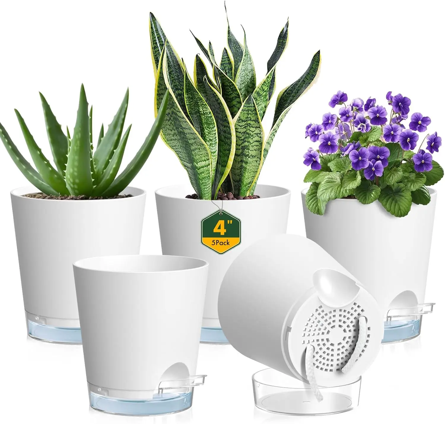 

Self Watering Pots for Indoor Plants, 5 Pack Small Planters with Drainage Holes, Clear Water Level Indicator, Plastic Pots with Wicking Rope, White