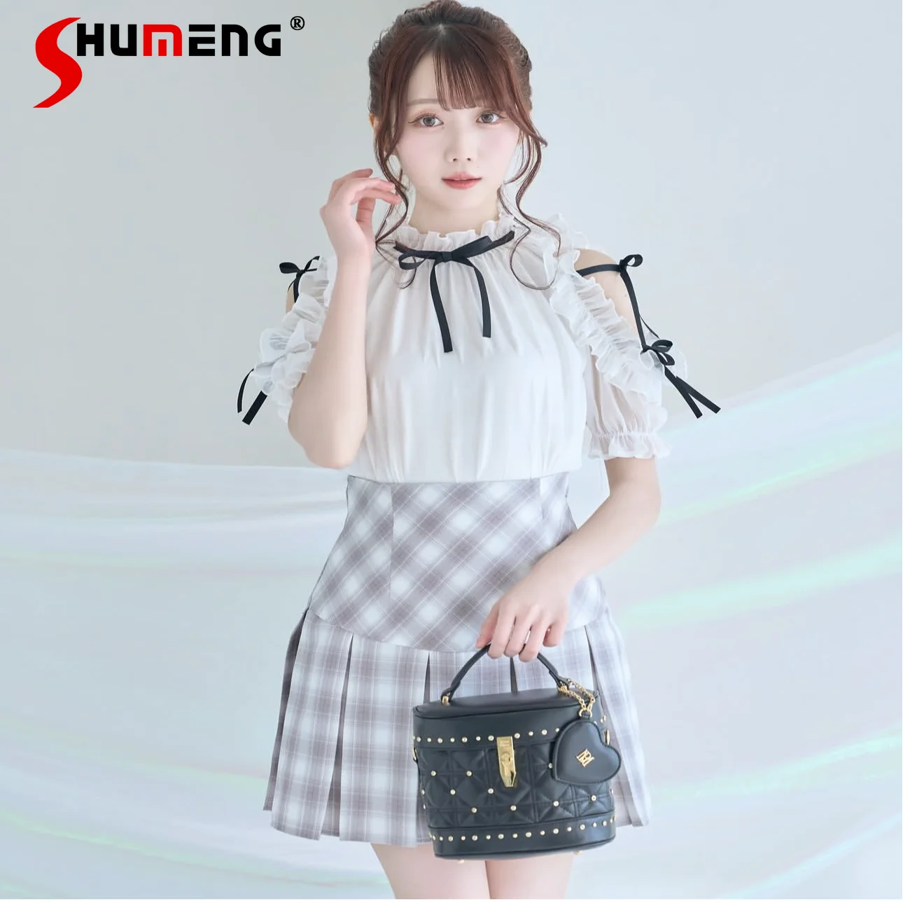 

Japanese Sweet Cute Heavy Industry Ruffles Stand Collar Off-shoulder Short Sleeves Bow Lace-up Versatile Lolita Shirt Tops Women