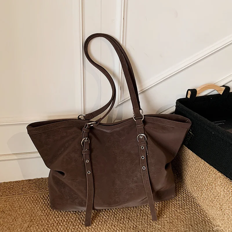 

Korean Large Capacity Tote Bag Women Suede Shoulder Crossbody Bag Belt Buckle Design Minimalist Solid Color Zipper Underarm Bag
