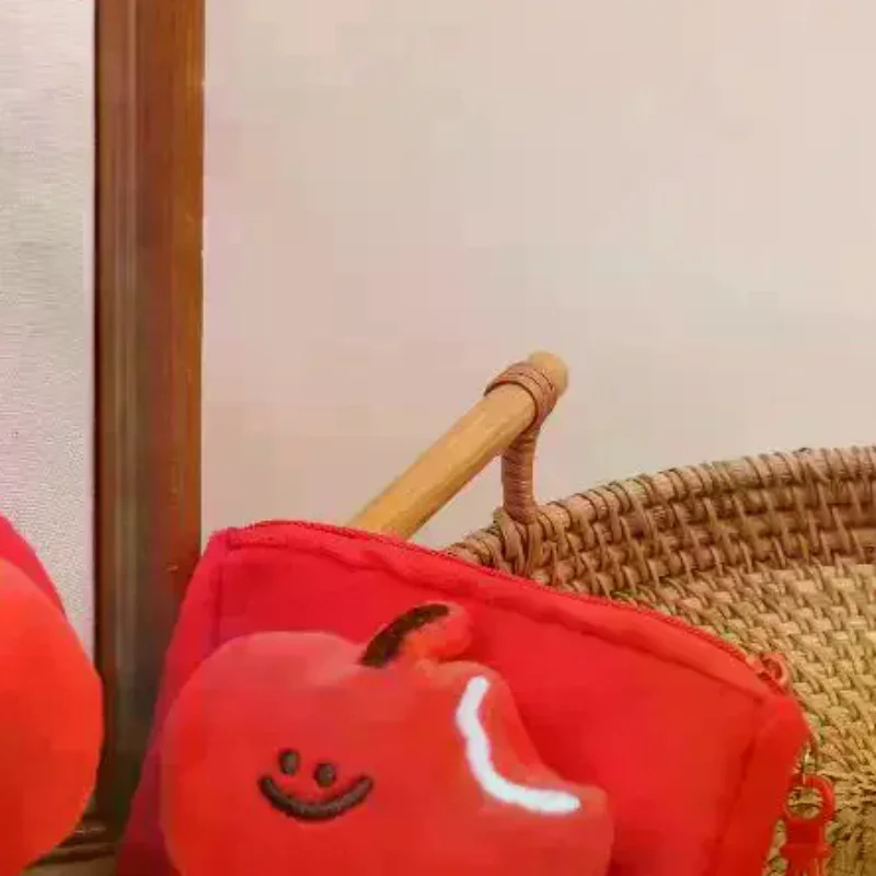 Red Fruit Coin Purse Plush Material Mini Zipper Pouch Bag with Keychain Girls Gift Idea