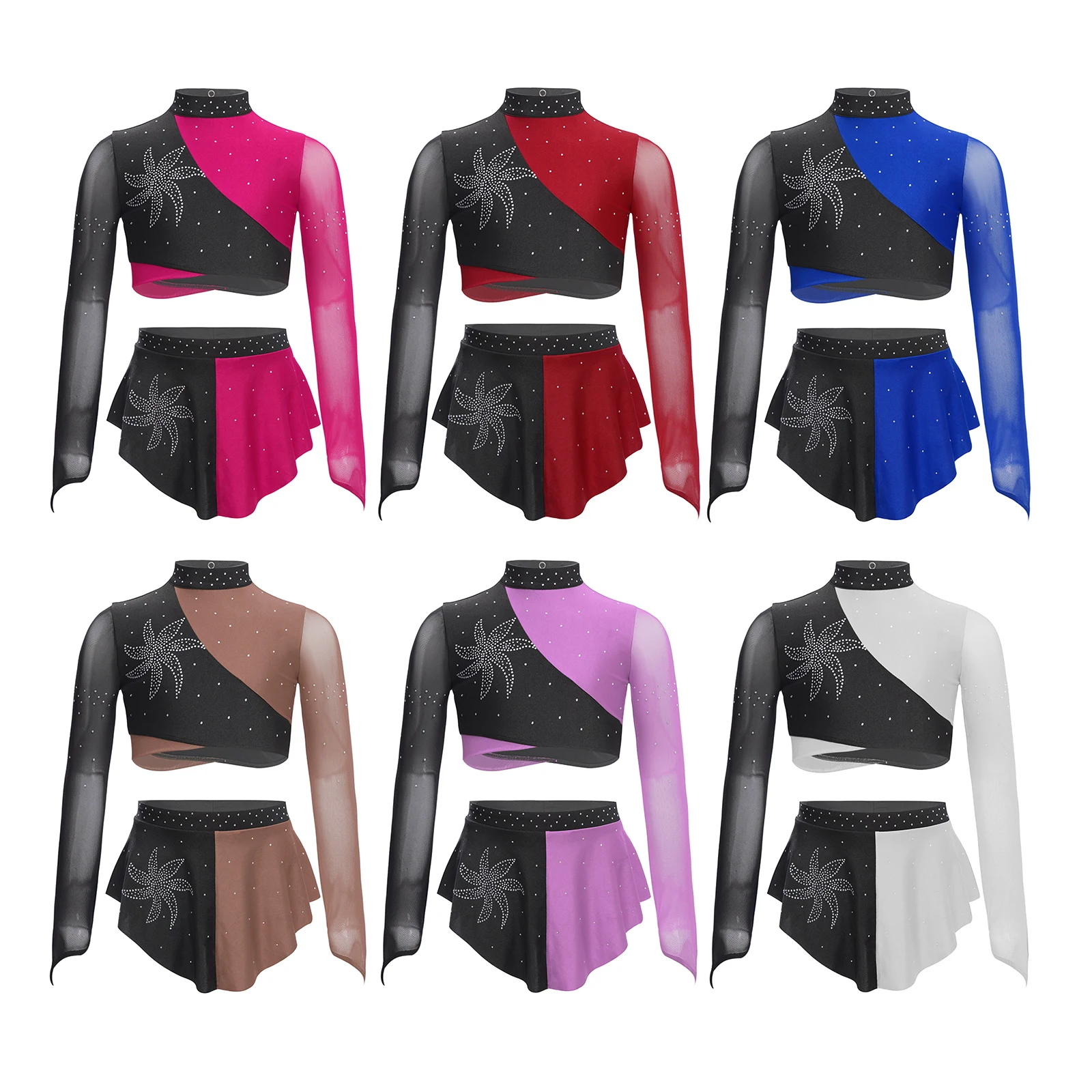 Girls Lyrical Dance Costume Sheer Mesh Long Sleeve Rhinestone Crop Top Leotard Skirt for Modern Dancing Figure Skating Ballet view 3