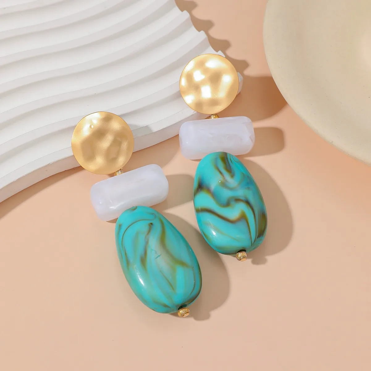 Exaggerated earrings retro oval smudge resin turquoise long stud earrings women's fashion earrings wholesale
