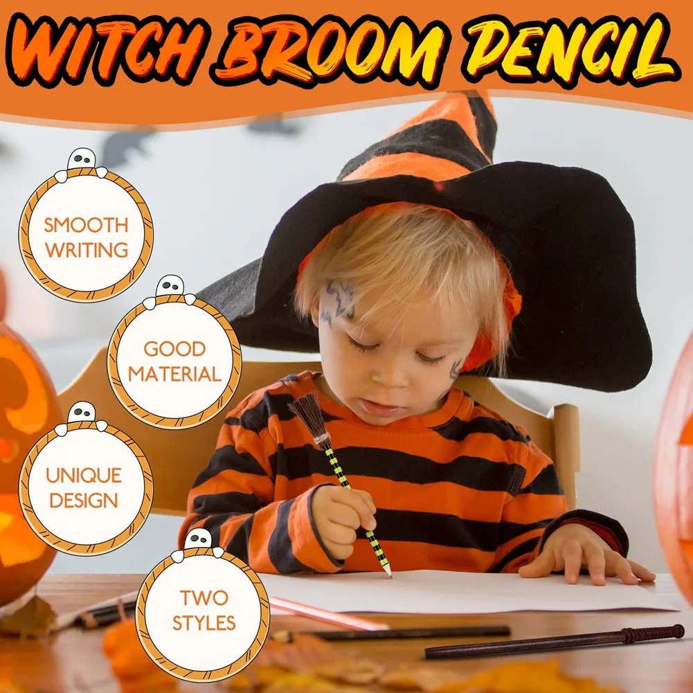 12x Set pensil tongkat penyihir Halloween, sapu pensil penyihir suka tema Halloween, tas pengisi barang ulang tahun