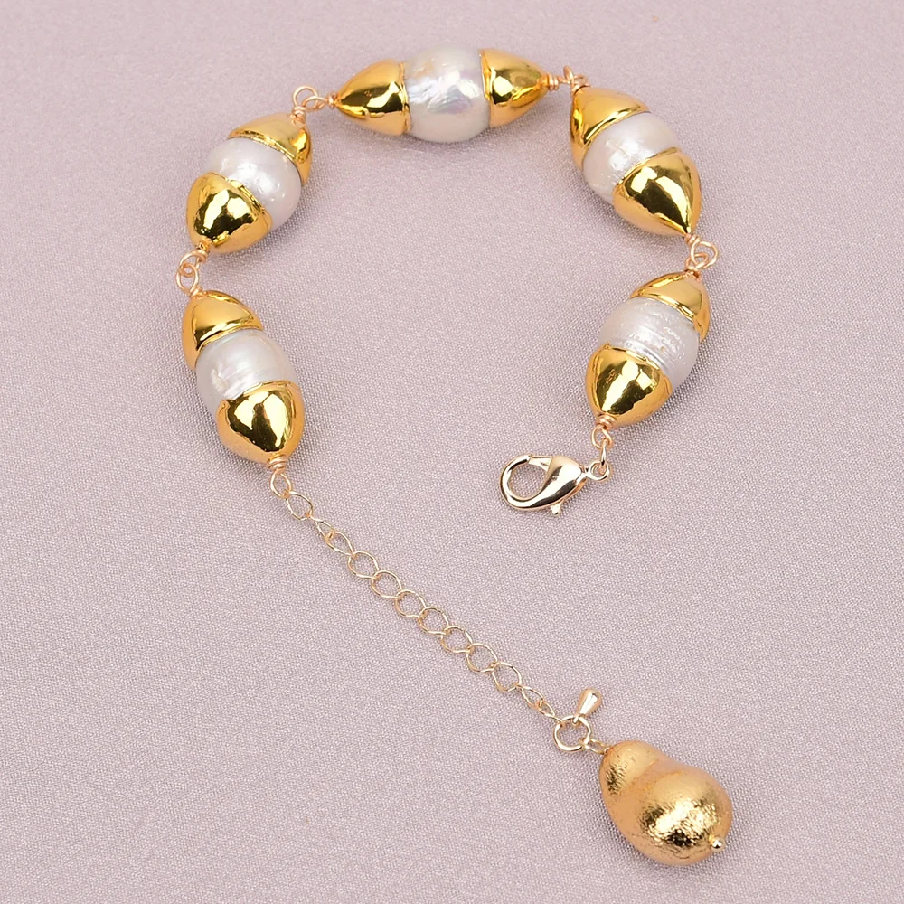 

G-G Natural White Keshi Pearl Gold Plated Chain Bracelet Brushed Beads Charms For Lady