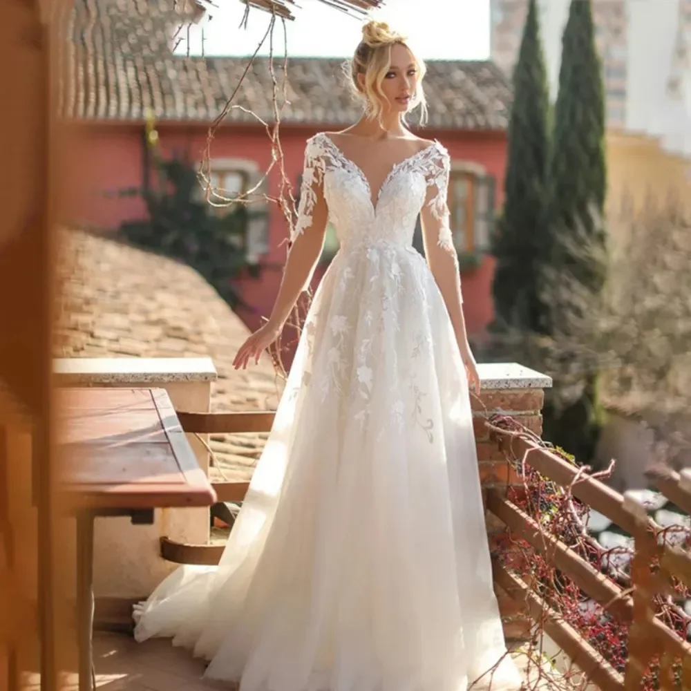 Vestido de casamento boêmio com princesa, Decote em V profundo, Linha A sem costas, Luxo clássico, Personalizado, Elegante, Praia, Romântico, Festa