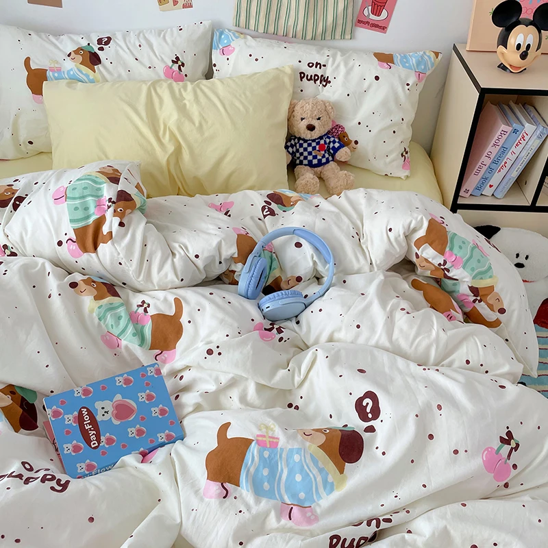 Happy Dog Washed Cotton Bedding Duvet Cover Set Pillowcase Bed Sheet Bed Linen Quilt Cover Set Single Queen/King Double Size