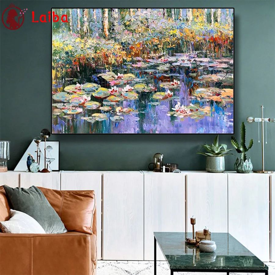 

Diamond Mosaic Abstract water lily flower landscape round drill Cross Stitch Diamond Art Painting Full Square Decor For Home