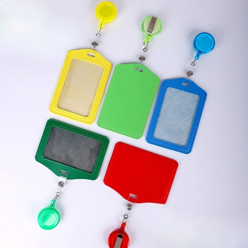 1pc Multicolor PU Leather ID Badge Holder with Retractable Reel Bank Credit Card Bus Work Card Case