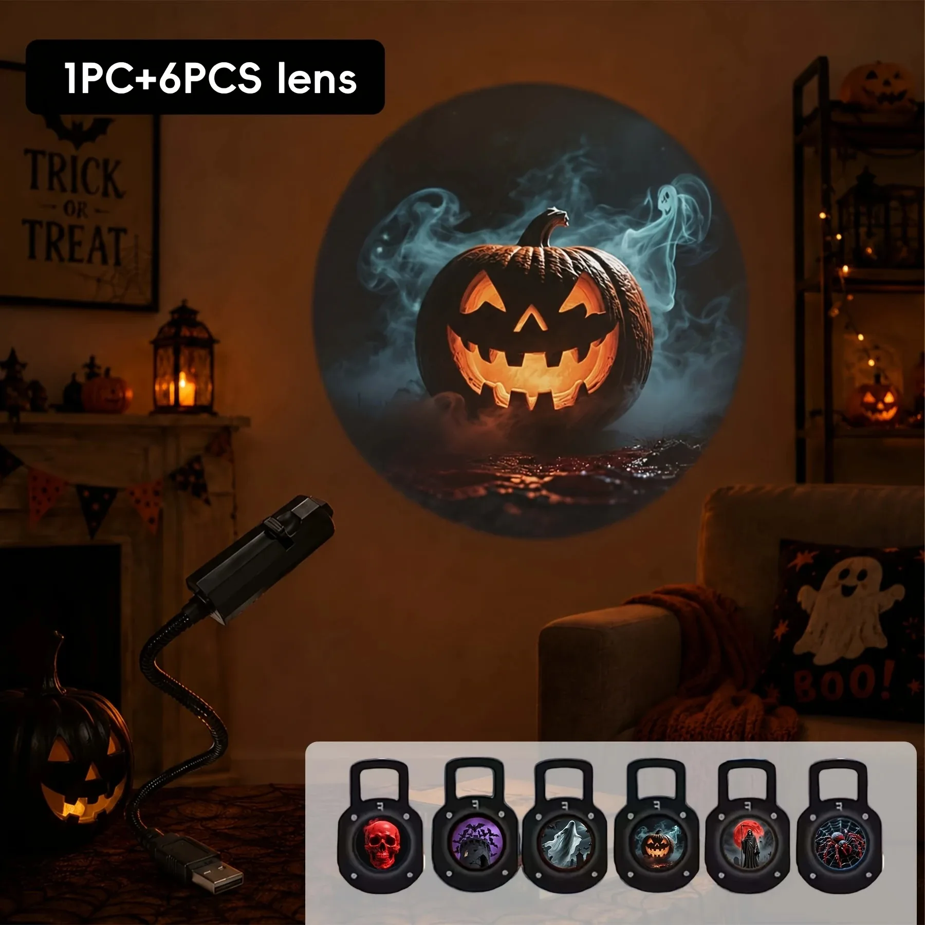 LED Halloween Projector Lamp USB Powered Ghost Skeleton Pattern Light for Holiday Party Home Decor Spooky Decor Haunted House