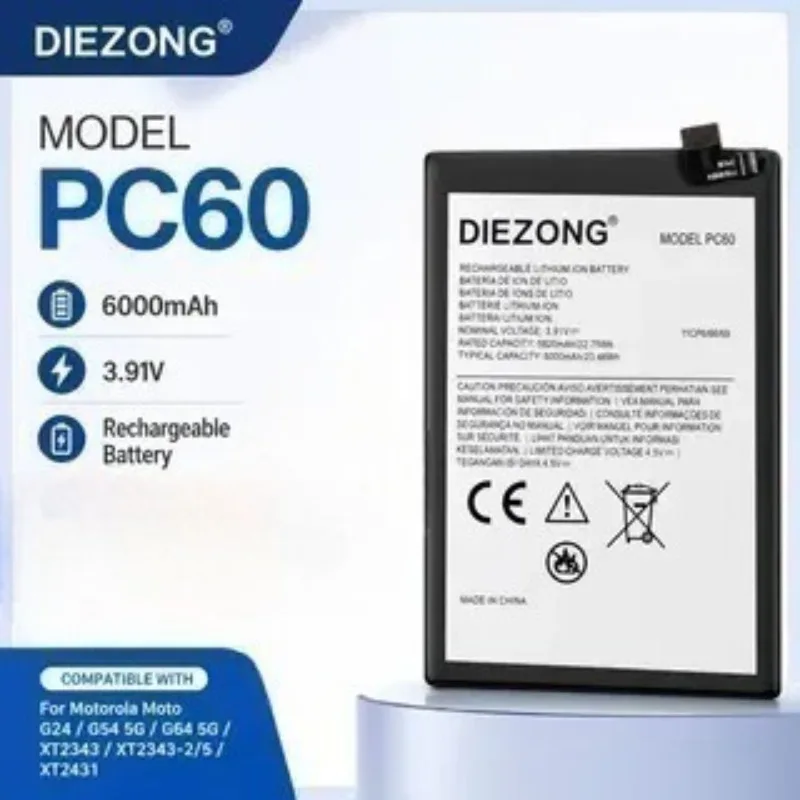 Hot Sale New PC60 6000mAh 3.91V Phone Battery for Motorola MOTO G24 G54 5G /G54 Power 5G G64 5G XT2343 XT2343-2/5 XT2431