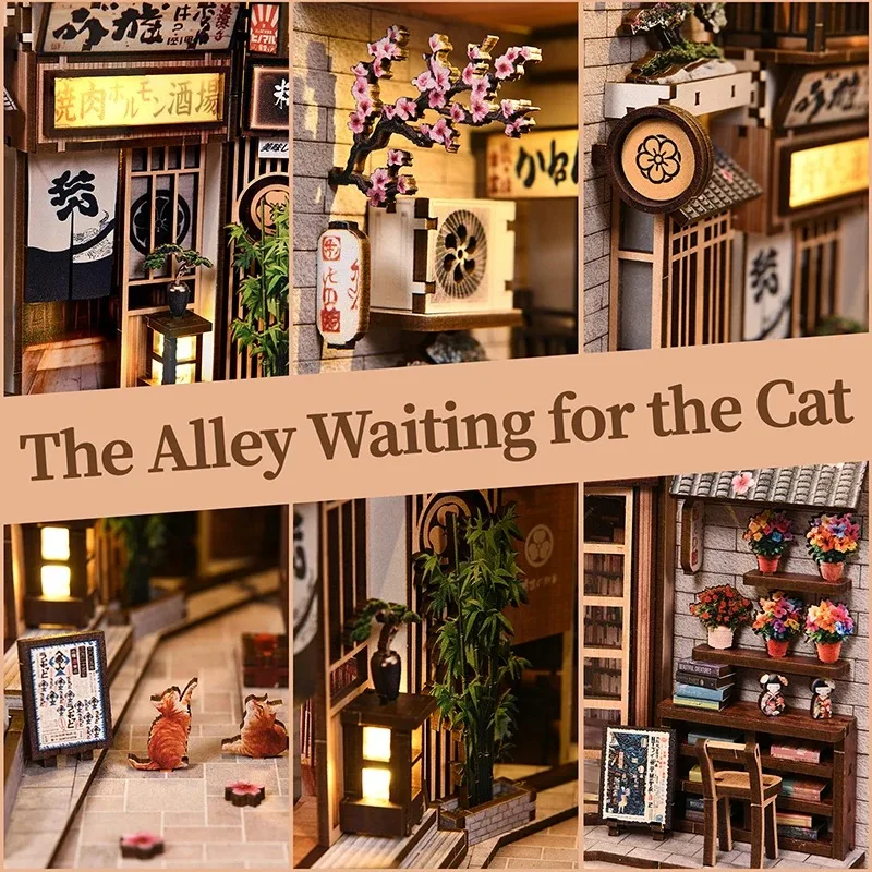 DIY-Holzbuch im japanischen Stil, Nook Alley, die auf Katzen-Miniaturszene wartet, kreatives Geburtstagsgeschenk, Heimdekoration