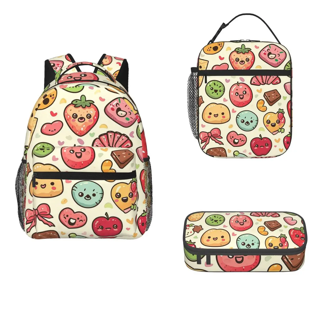 Kawaii Food Delights Seamless Watercoolour Backpacks Bookbag Children School Bag Kids Rucksack Lunch Bag Pen Bag Three-Piece Set