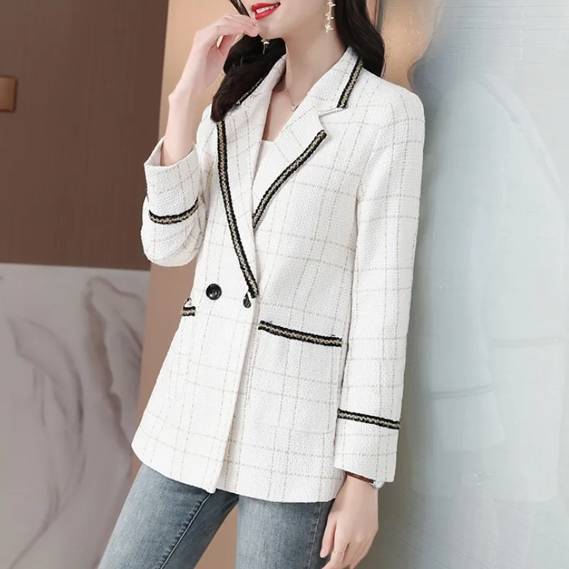 

Nice Women Spring Autumn Fashion Double Breasted Plaid Tweed Blazer Coat Vintage Long Sleeve OL Female Outerwear Chic