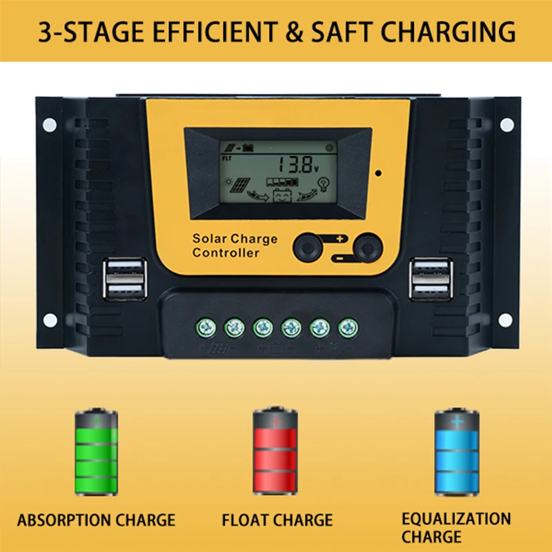 POWLSOJX PWM Solar Charge Controller for 12/24/36/48v Lithium Battery Solar Panel Regulator with Backlit Display Temperature