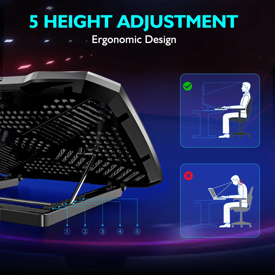 COOLCOOLD bantalan pendingin Laptop, untuk dudukan pendingin Laptop 12-17 inci, 5 kipas sunyi, 5 sudut dapat disesuaikan dengan pegangan ponsel
