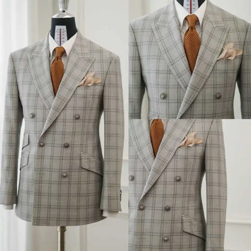 

Classic Plaid 2 Pieces Men Suits Double Breasted Peaked Lapel Wedding Tuxedos Formal Occasions Customized Outfits