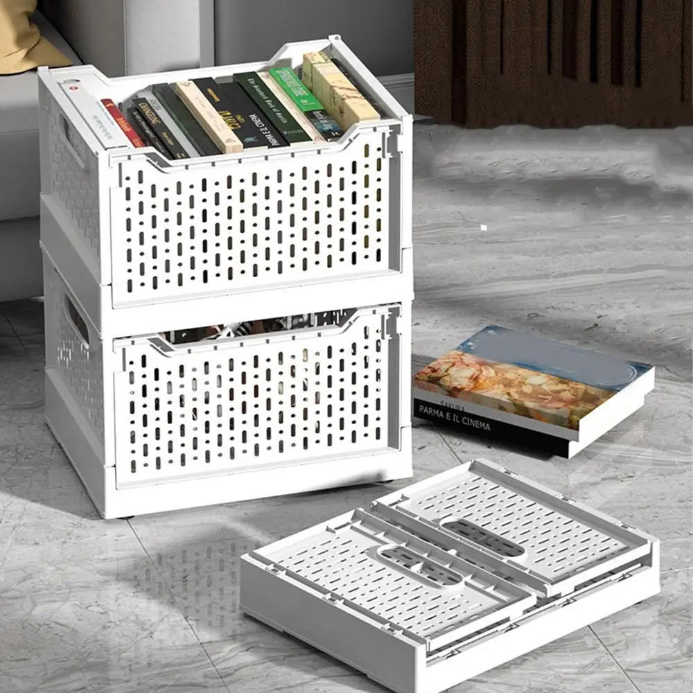 

Plastic Folding Storage Box Stackable Large Capacity Book Storage Basket with Wheels Space Saving Wheeled Sundry Basket Toys
