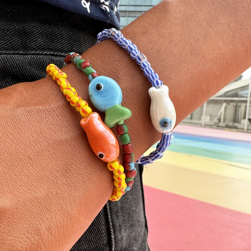 Pulsera de Medusa de pescado de cerámica para mujer y niña, brazalete de cuentas de colores hecho a mano, accesorios de joyería Bohemia, regalo, 2024