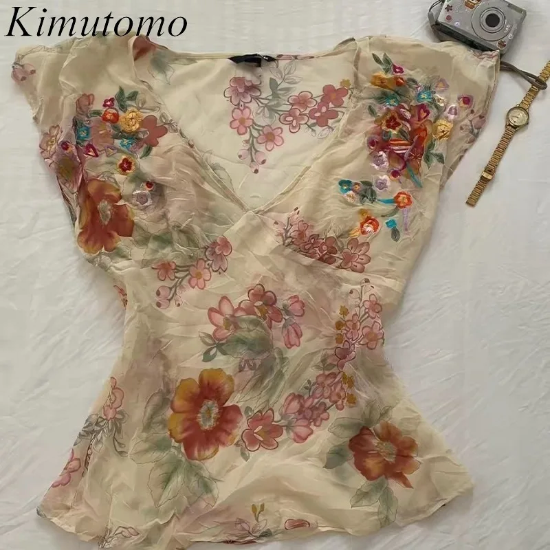 Kimutomo T Shirts Women Vintage Oil Painting Floral Mesh Patchwork V Neck Tops Grunge Gothic Y2k Harajuku Female Tee Shirt