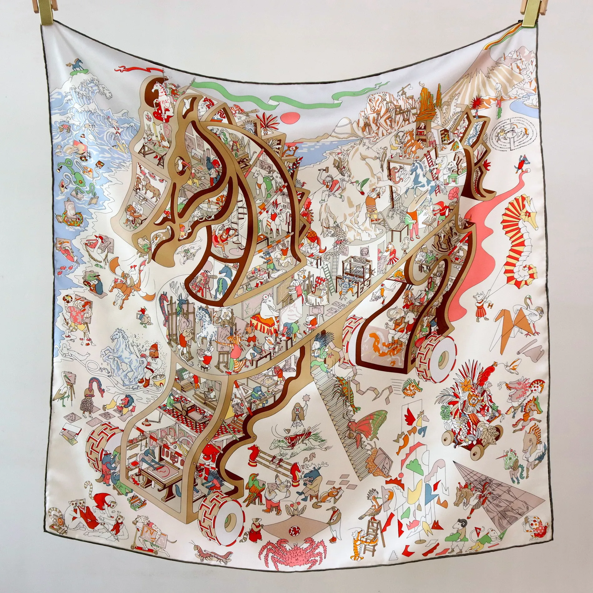 

High-end Elegant Women's Exquisite Fashion Wooden Horse Print Quality 14MM Twill Silk Hand-rolled Edge Large Square Scarf Shawl