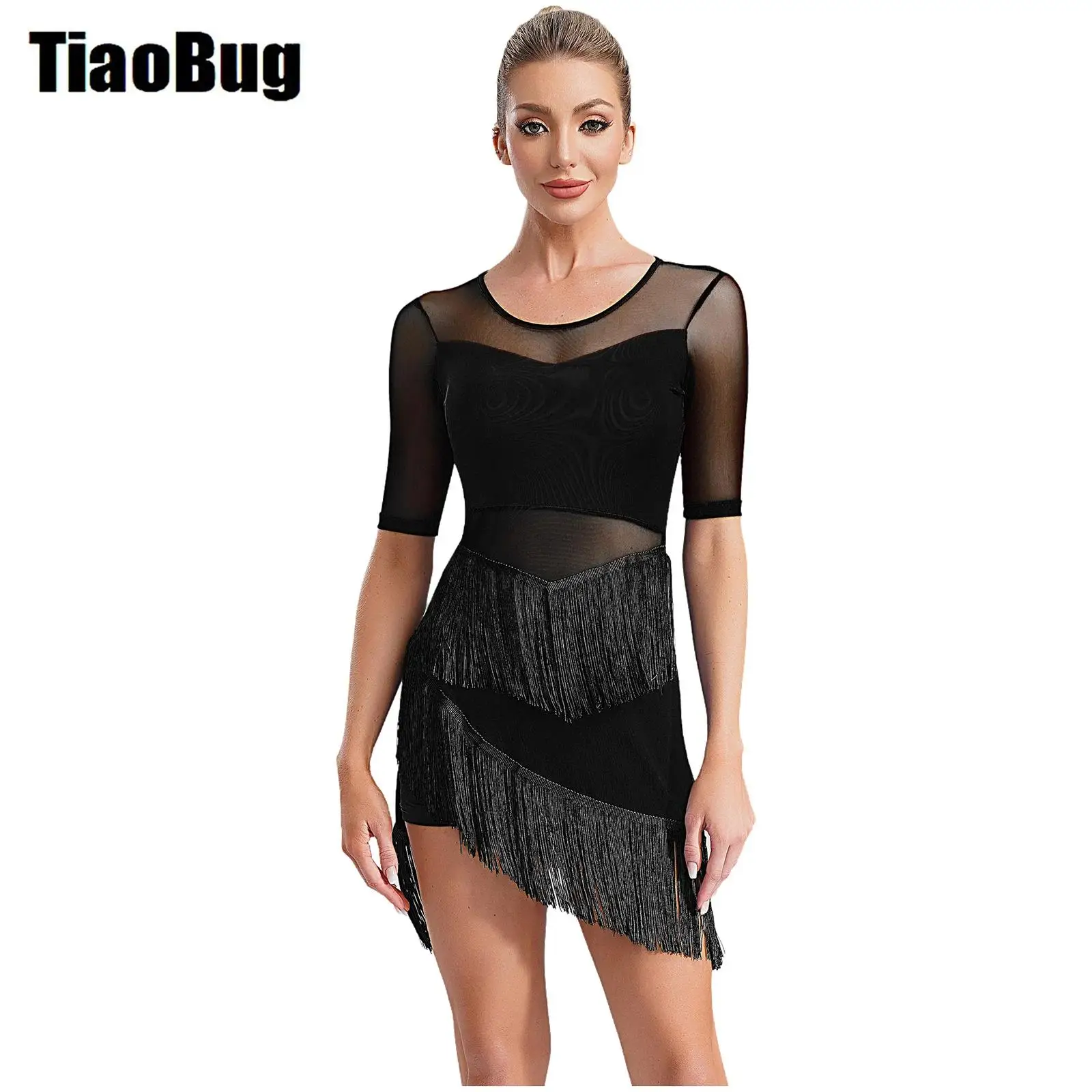 Womens Tassels Latin Dance Dresses Stage Performance Costume Sheer Mesh Patchwork Half Sleeve Irregular Fringe Dress with Shorts