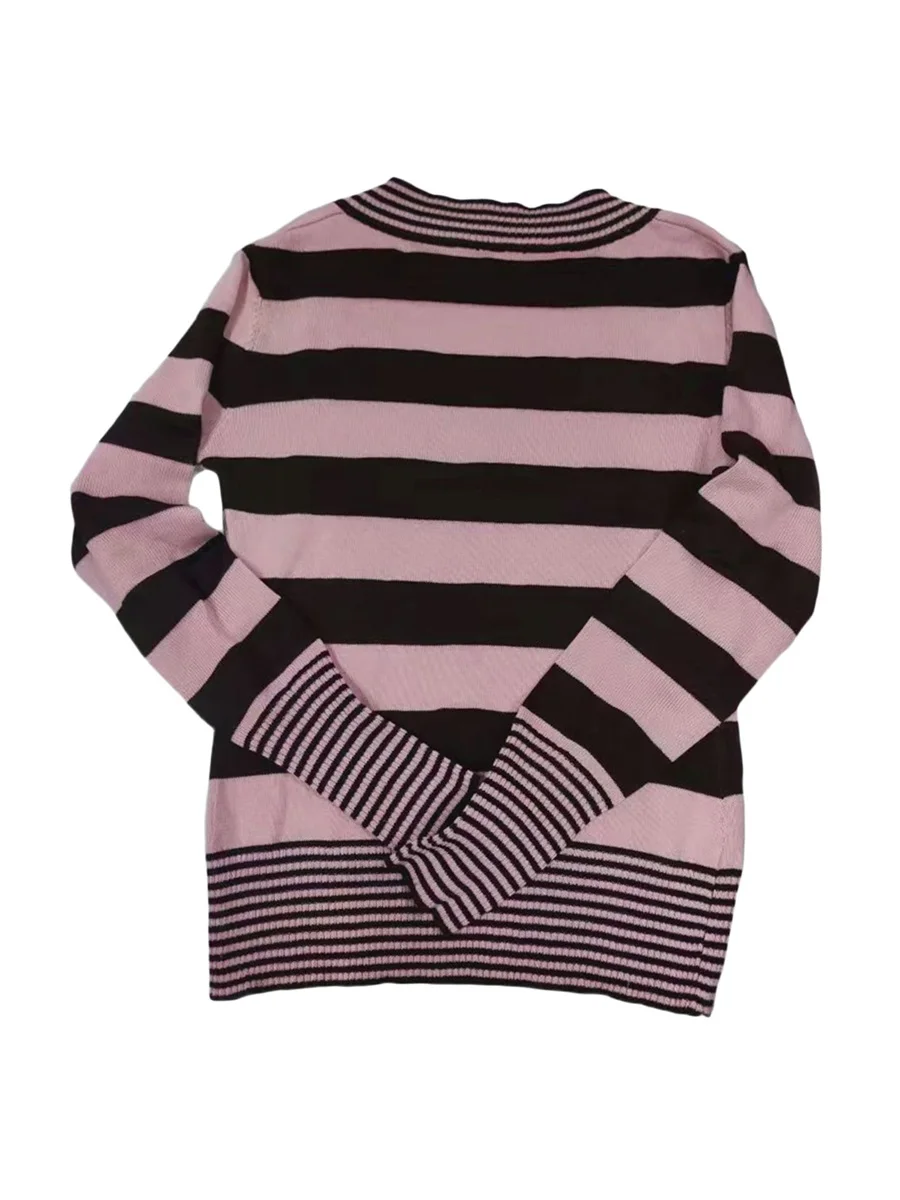 Women Trendy Knitted Tops Knit Striped V-Neck Long Sleeve Ribbed Cuffs Knitwear for Females Brown Light Coffee