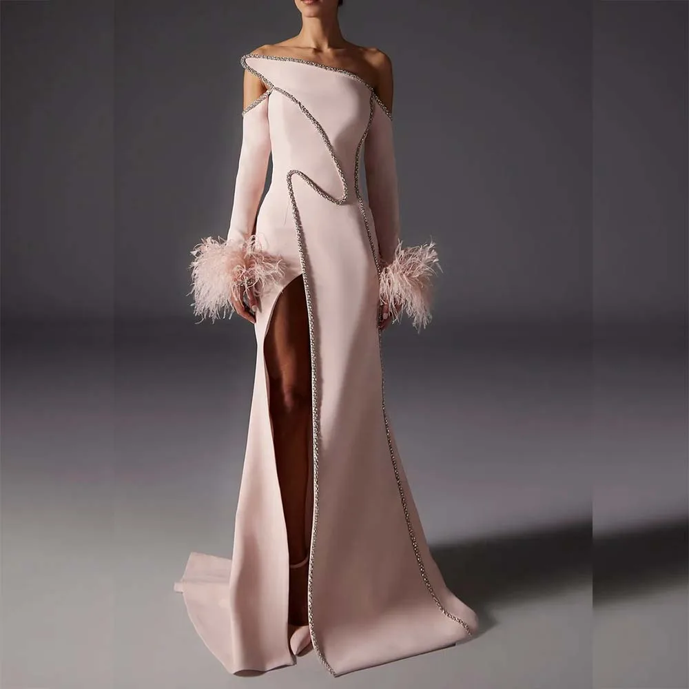 Boat Neck Feathers Pink Evening Dresses Chapel Train Side Split Sequined Formal Occasion Prom Dress Luxury Elegant Vestidos 2024