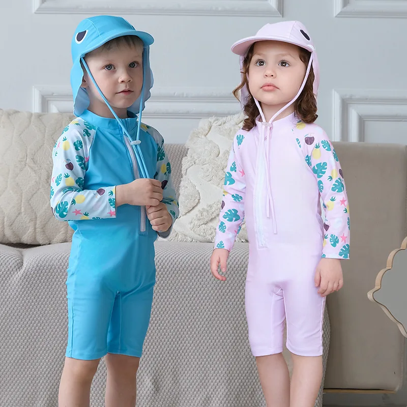 2026 New Children's Swimsuit, Boys and Girls One-piece Long Sleeved Baby Sunscreen Hat, Quick Drying Baby and Toddler Swimsuit